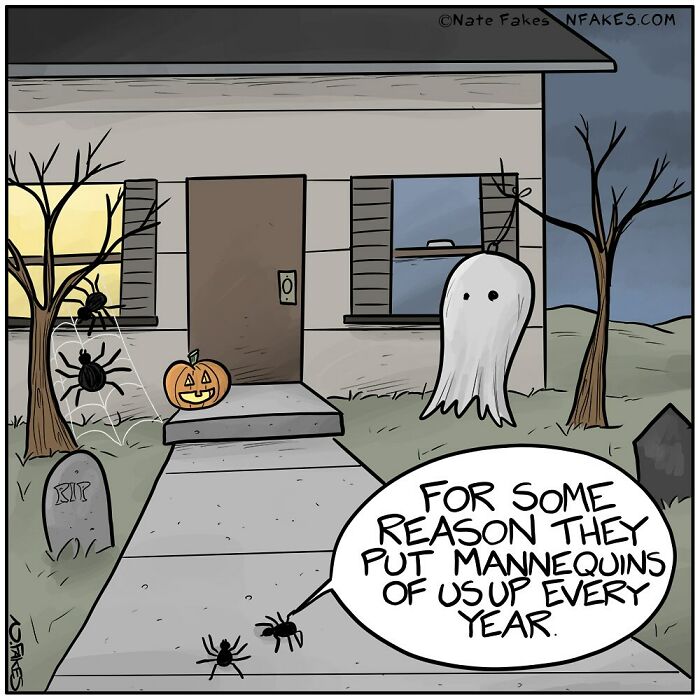 Halloween comic by Nate Fakes showing spiders and a ghost mannequin in a yard highlighting life’s absurdities.