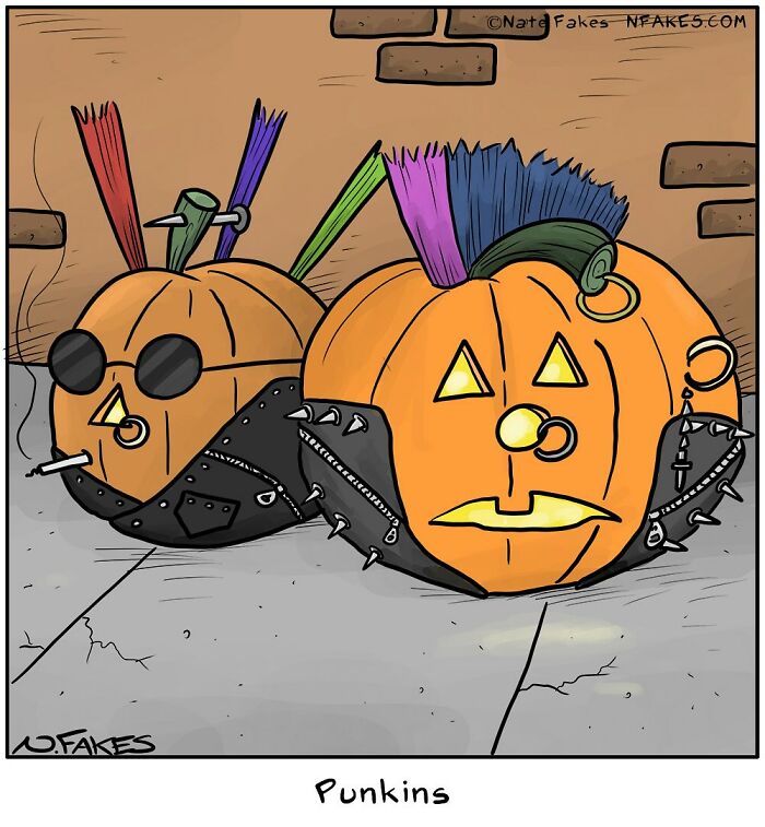 Two punk-style pumpkins with mohawks, piercings, and leather jackets illustrating life’s absurdities in a comic style.