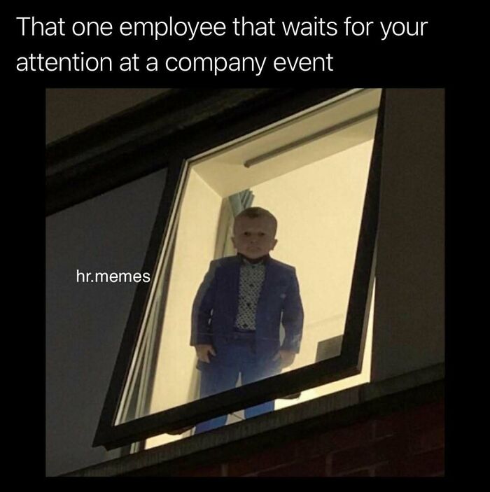 Child in a suit staring out a window, humorously representing employee attention in human resources chaos memes.