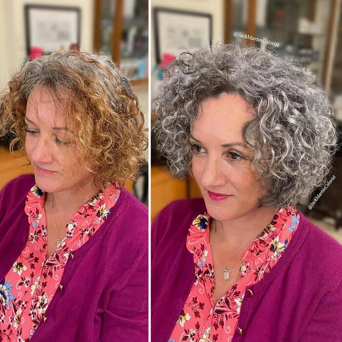 Before and after photos of a curly-haired woman showing a gray hair transformation by celebrity hair colorist Jack Martin.