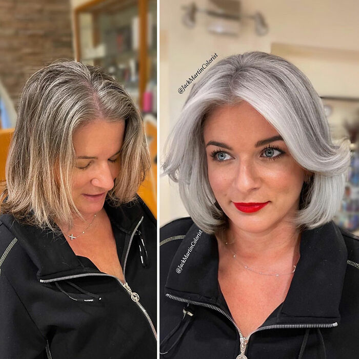 Before and after hair transformation showing going gray with stylish silver hair by celebrity hair colorist Jack Martin.