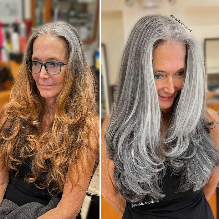 Woman with long hair before and after going gray transformation by celebrity hair colorist Jack Martin, showcasing stunning gray look.