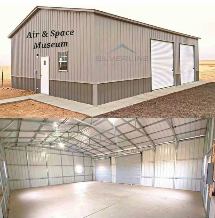 Metal Air & Space Museum building exterior and empty interior hangar space in a rural aviation setting.