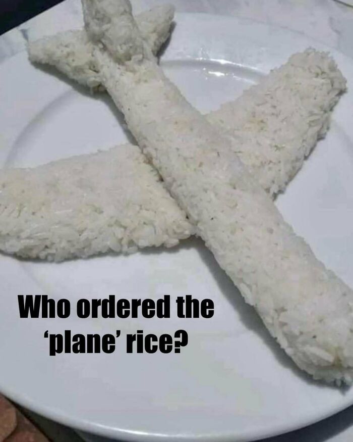 Airplane-shaped rice on a plate with the caption who ordered the plane rice aviation memes humor humor in the air travel context