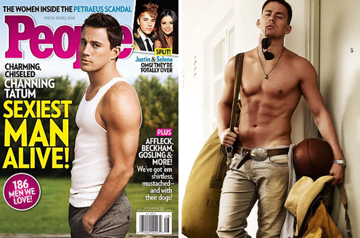 Channing Tatum featured on a People magazine cover and posing shirtless, showcasing the sexiest man alive winners.