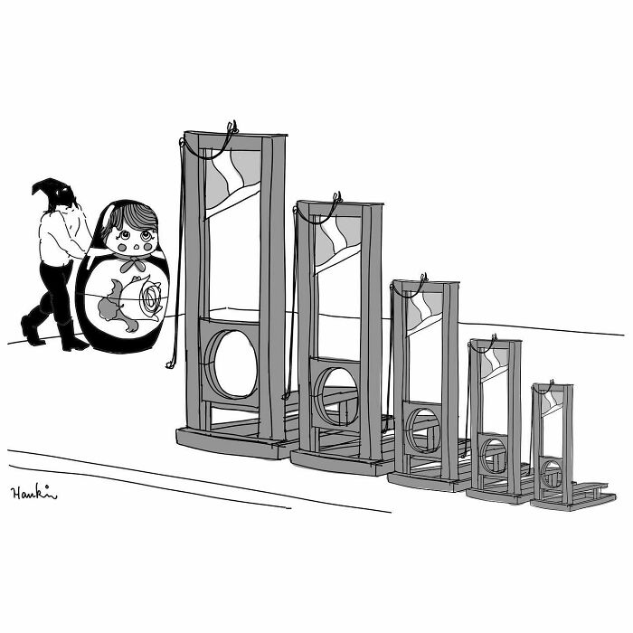 Black and white illustration showing the funniest stories by an artist with single frame and one sentence humor.