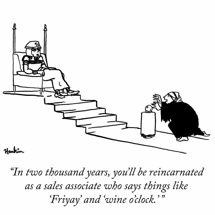 Black and white single frame cartoon showing a woman on a throne and a fortune teller, depicting funny artist stories.