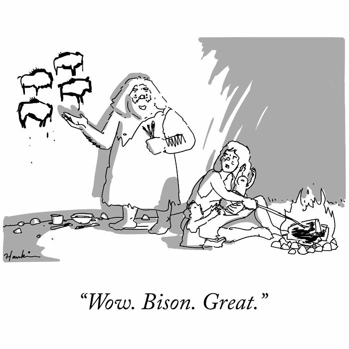 Black and white cartoon showing an artist using a single frame and sentence to tell a funny story about bison.