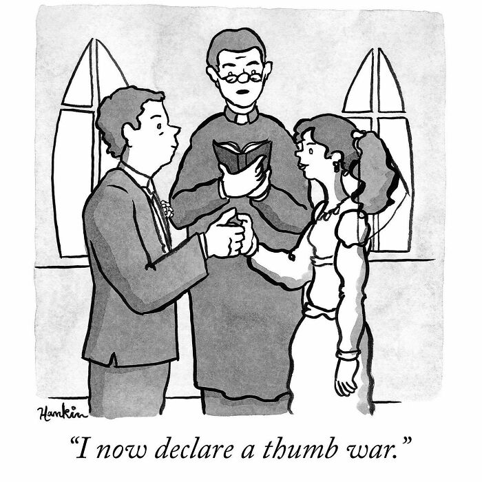 Black and white cartoon of a wedding scene with a priest and couple about to start a thumb war as a funny single frame story.