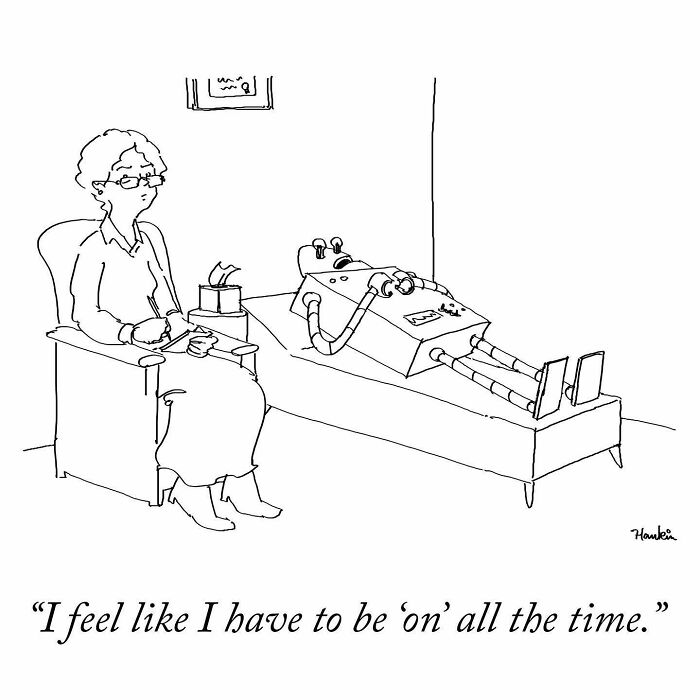 Single-frame comic showing a robot lying on a couch talking to a therapist, illustrating funny story art.