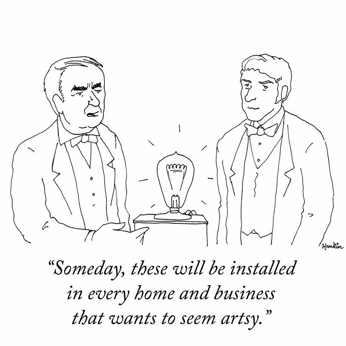 Black and white single frame cartoon by artist showing two men discussing a light bulb with a humorous caption.