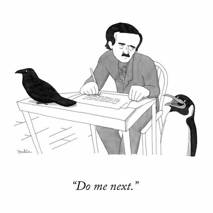 Black and white single frame cartoon showing a man writing at a desk with a crow and penguin nearby in a funny story style.