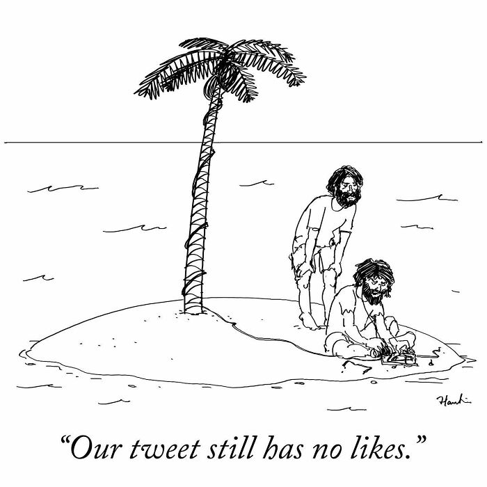 Minimalist cartoon showing two castaways on a small island using humor in a single frame story by artist.