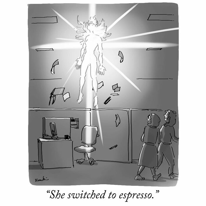 Black and white single frame comic showing a glowing woman floating above an office cubicle with papers flying around.