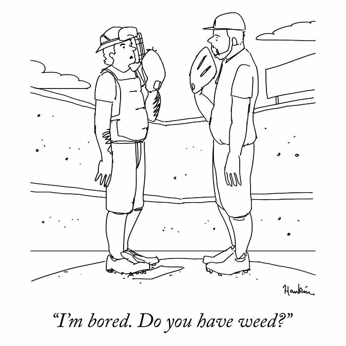 Black and white single frame comic by artist showing two baseball players with gloves sharing a humorous moment.