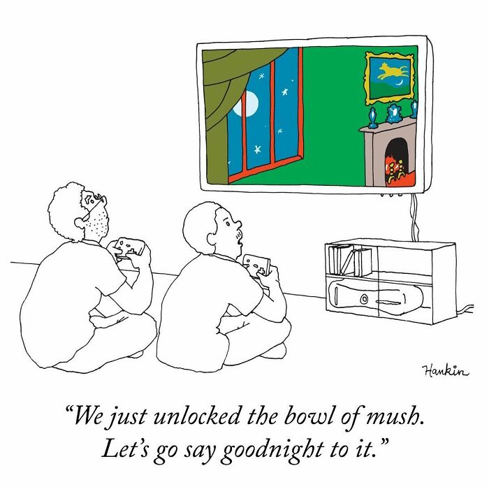 Two men playing video games, illustrating one of the funniest stories told by an artist in a single frame and sentence.