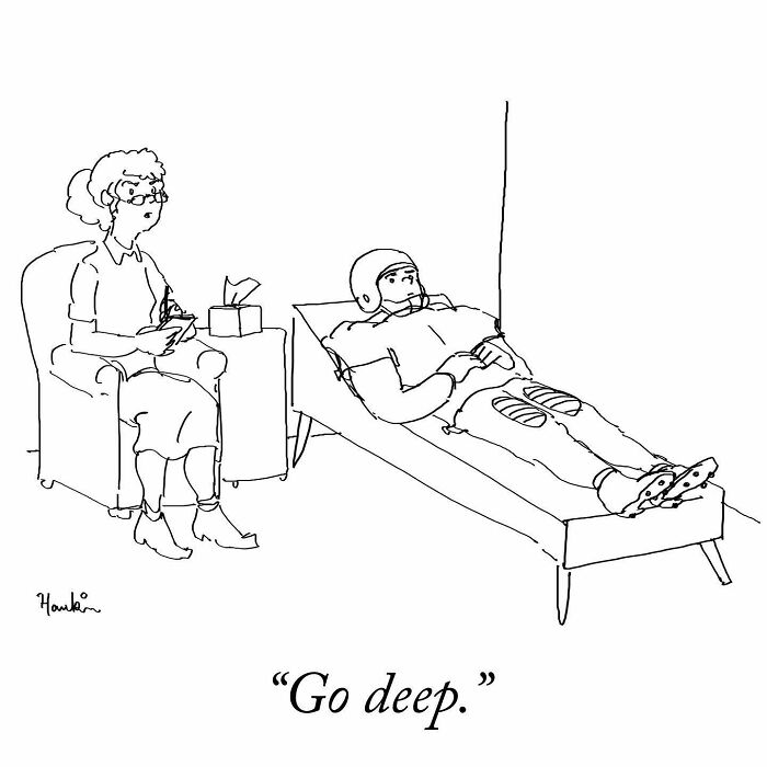 Black and white cartoon showing a football player lying on a therapist's couch with caption Go deep, funny single frame artist story.