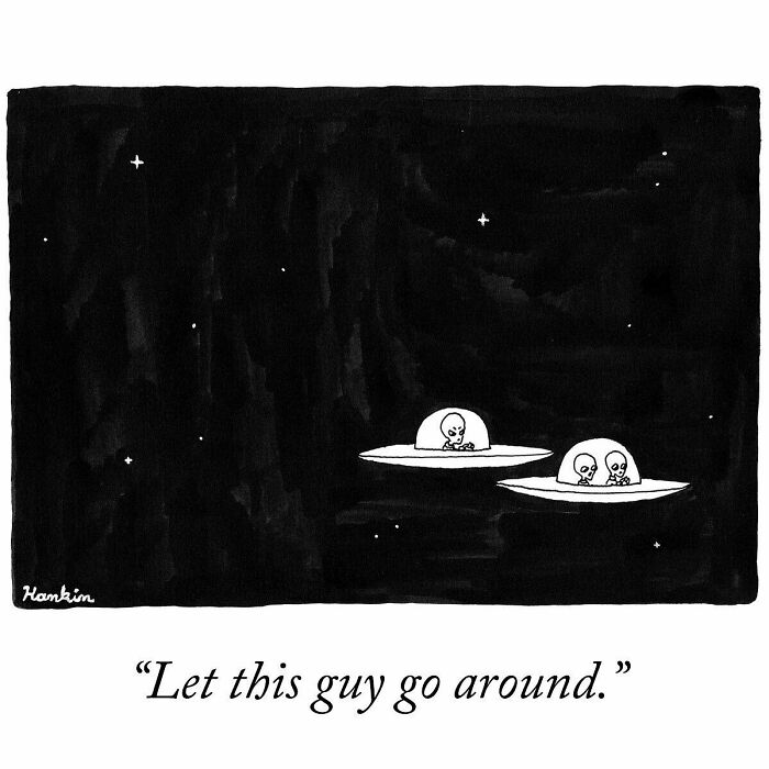Black and white comic art showing aliens in UFOs with a funny story told using a single frame and one sentence.