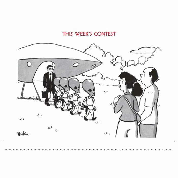 Single frame cartoon showing aliens walking from a UFO with a man and two humans watching, illustrating funny stories by artist.