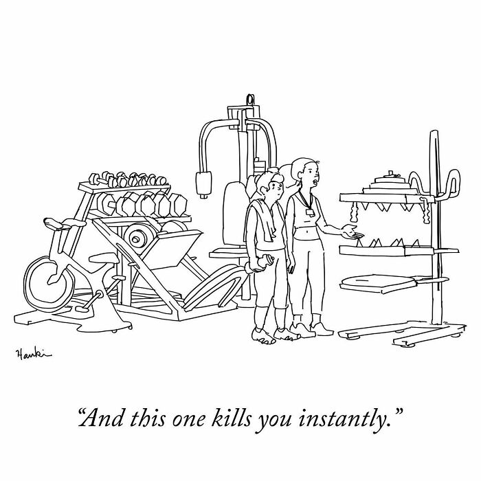 Black and white cartoon showing two women in a gym looking at a dangerous workout machine, funny single frame story.