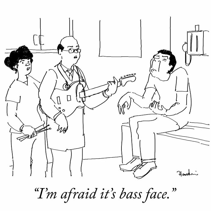 Cartoon artist telling a funny story with a single frame and sentence about bass face in a humorous medical setting.
