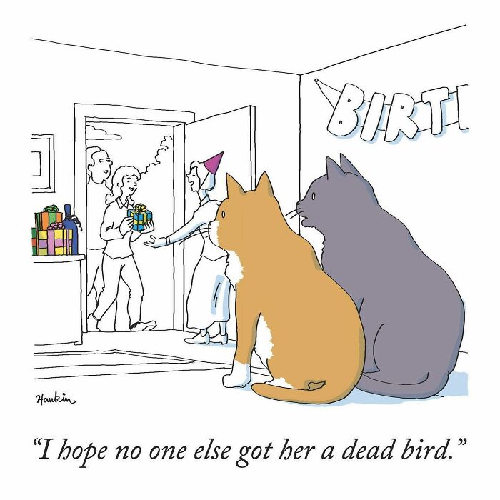 Two cats watching a birthday party scene in a funny single frame illustration with a witty caption.