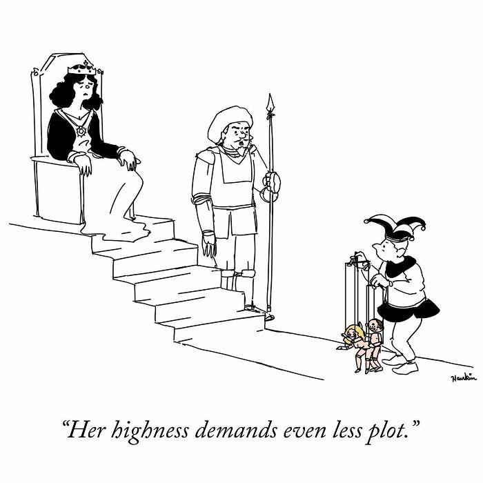 Black and white cartoon showing a queen, guard, and jester controlling puppets, highlighting artist's funny single frame stories.