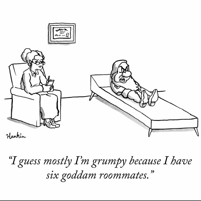 Cartoon artist tells a funny story in a single frame with a grumpy character lying on a therapist's couch.