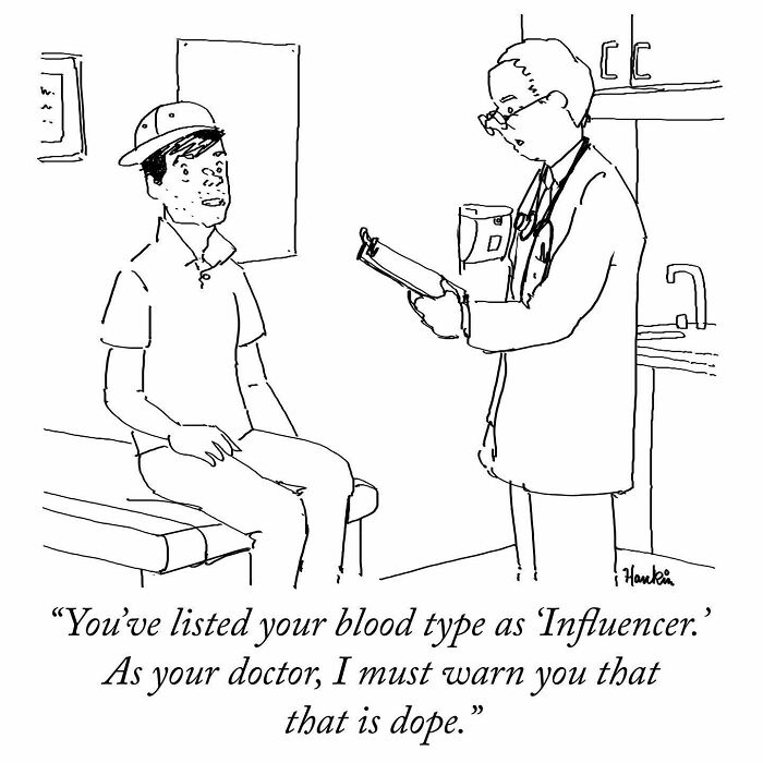 Humorous single-frame comic by artist showing a doctor talking to a patient about listing blood type as influencer.