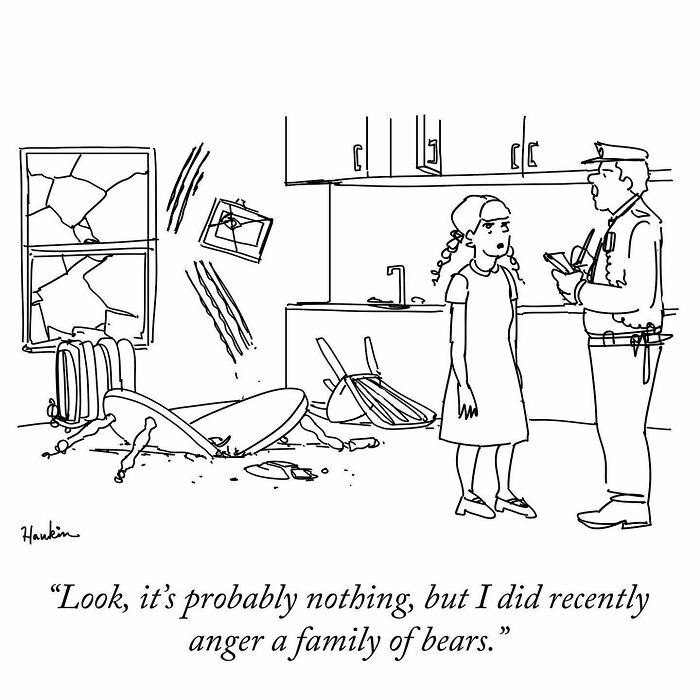 Black and white cartoon showing a girl talking to a police officer about a chaotic room in a funny single frame story.