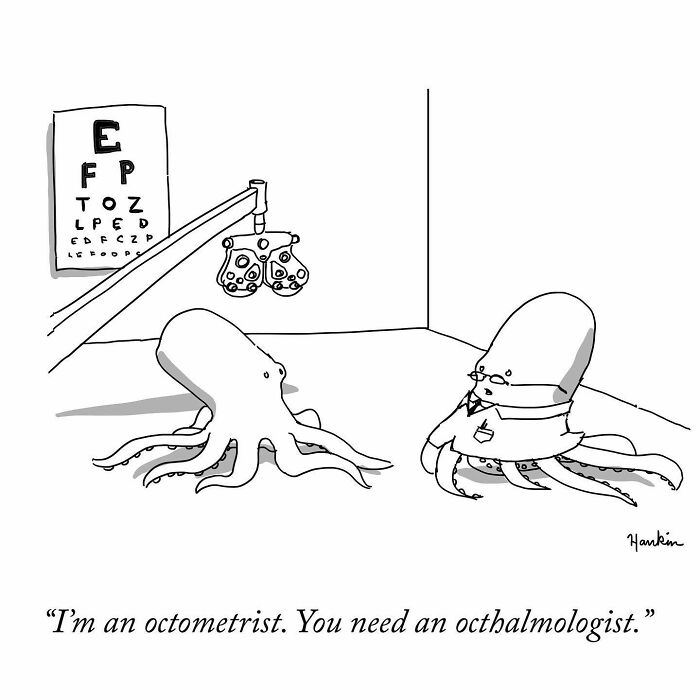 Cartoon octopus artist telling a funny story with a single frame and sentence about eye exams and octometrics.