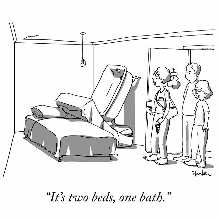 Black and white cartoon showing a humorous single frame story of two beds sharing one unusual bath setup.