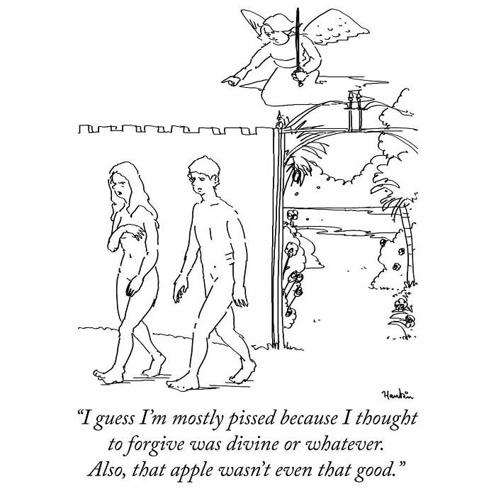 Black and white single frame cartoon by artist showing two naked figures walking with an angel overseeing, telling a funny story.