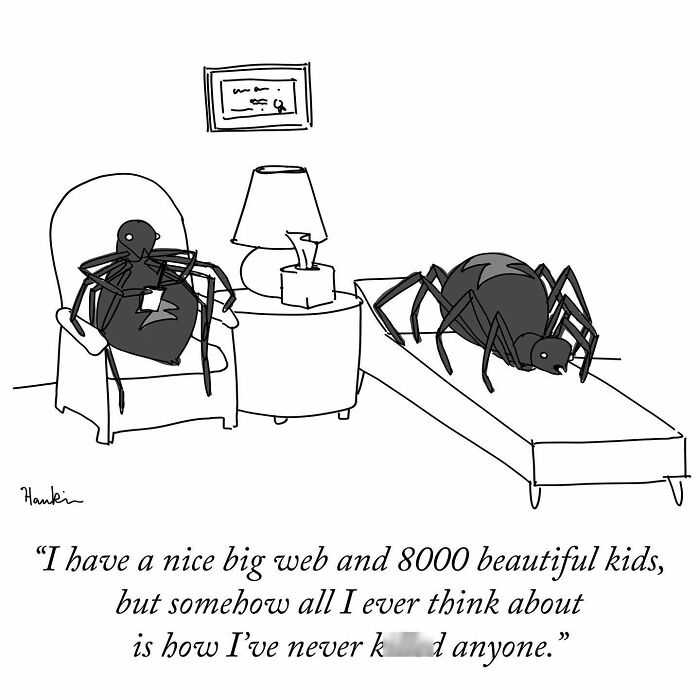 Cartoon of two spiders in a therapy session, illustrating funny stories told by the artist in a single frame and sentence.