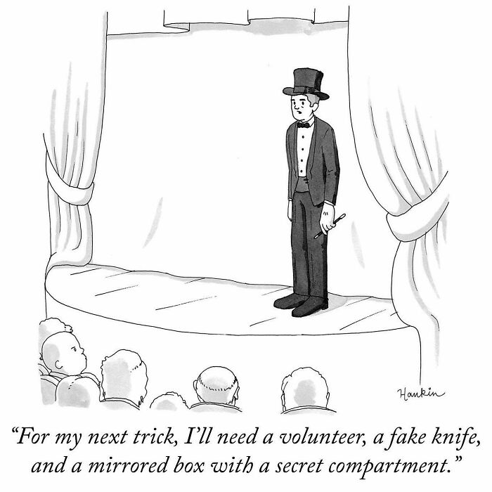 Black and white cartoon of an artist on stage performing a magic trick, illustrating funny stories in a single frame.