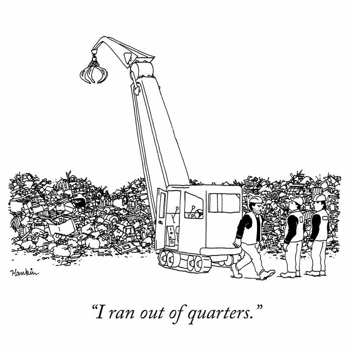 Black and white cartoon showing a construction machine and workers with a humorous story told in a single frame.