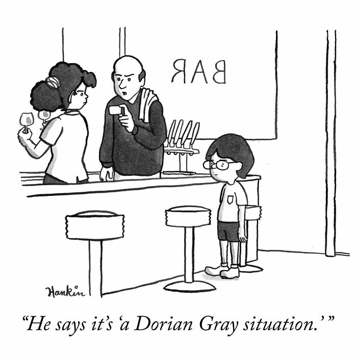 Black and white cartoon showing a bar scene illustrating one of the funniest stories told by this artist in a single frame.