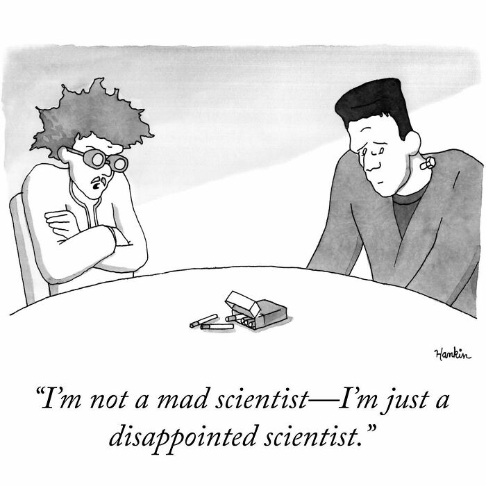 Black and white cartoon showing two men at a table with cigarettes, illustrating a funny story by an artist in a single frame.