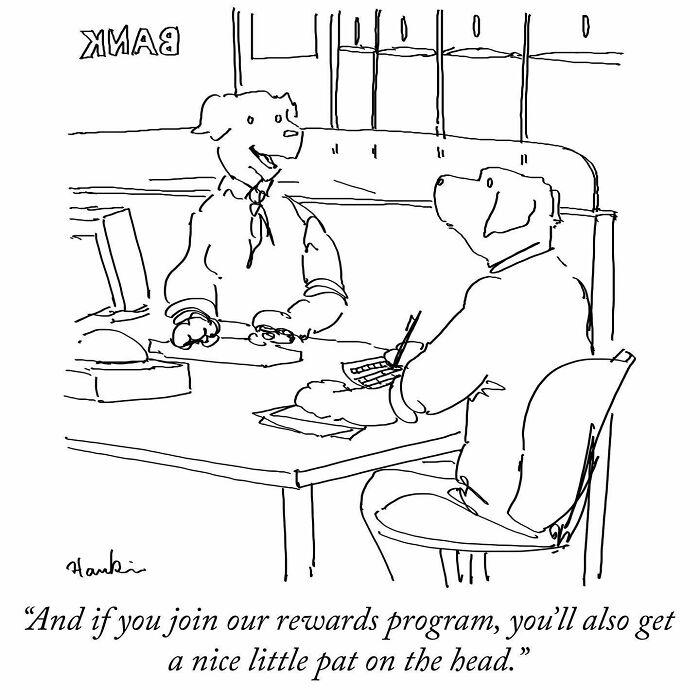 Black and white cartoon of two dogs at a bank counter illustrating a funny single-frame story by the artist.