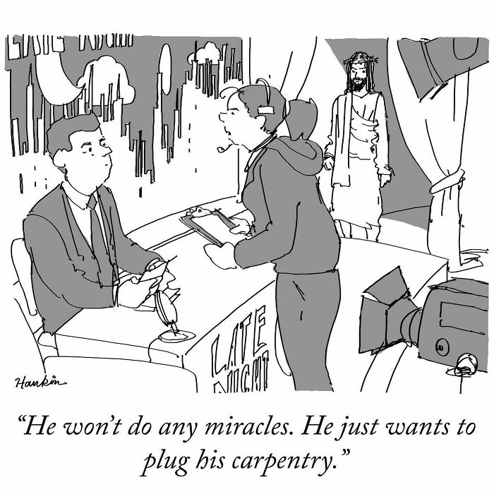 Black and white cartoon showing a late night talk show with a Jesus figure and a producer during a funny single frame story.