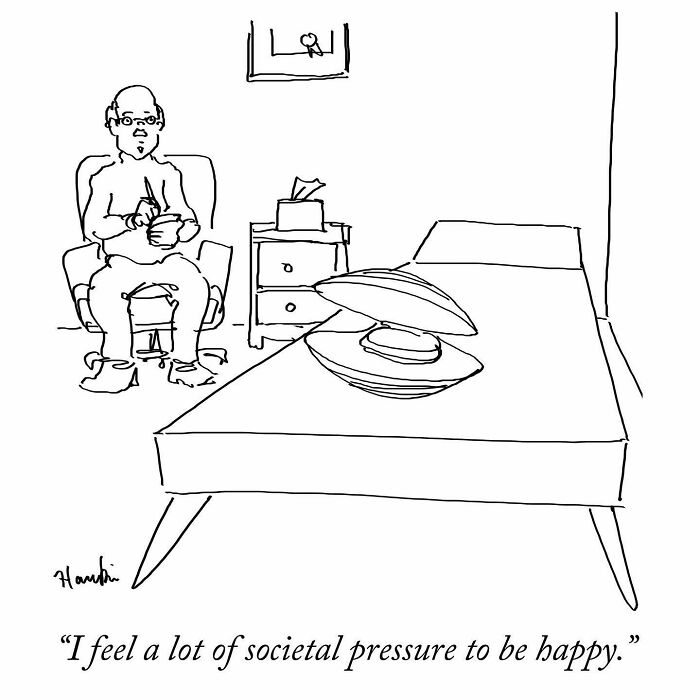 Single-frame humorous illustration of an artist telling funny stories with a simple sentence and minimalistic line art.