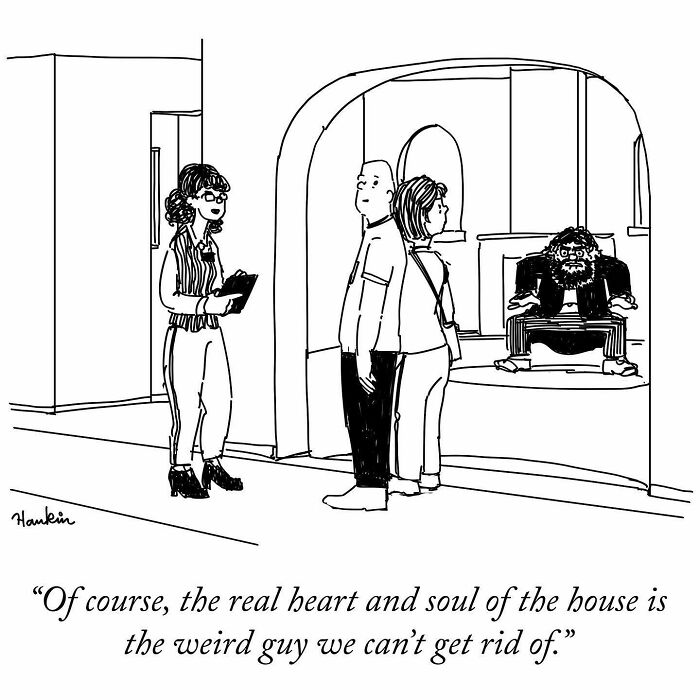 Black and white cartoon showing a funny story by an artist with a single frame and one sentence caption.