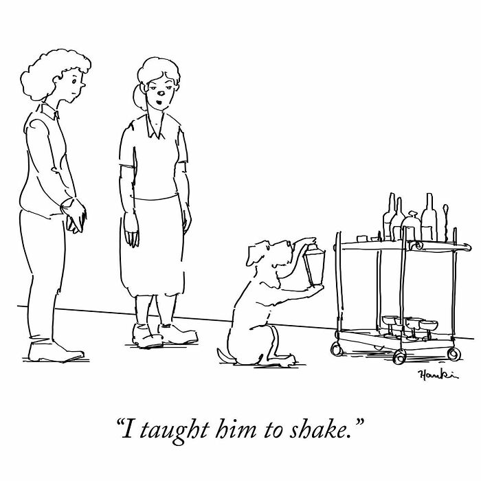 Two women watch as a dog shakes a cocktail shaker by a bar cart in a funny single frame story illustration.