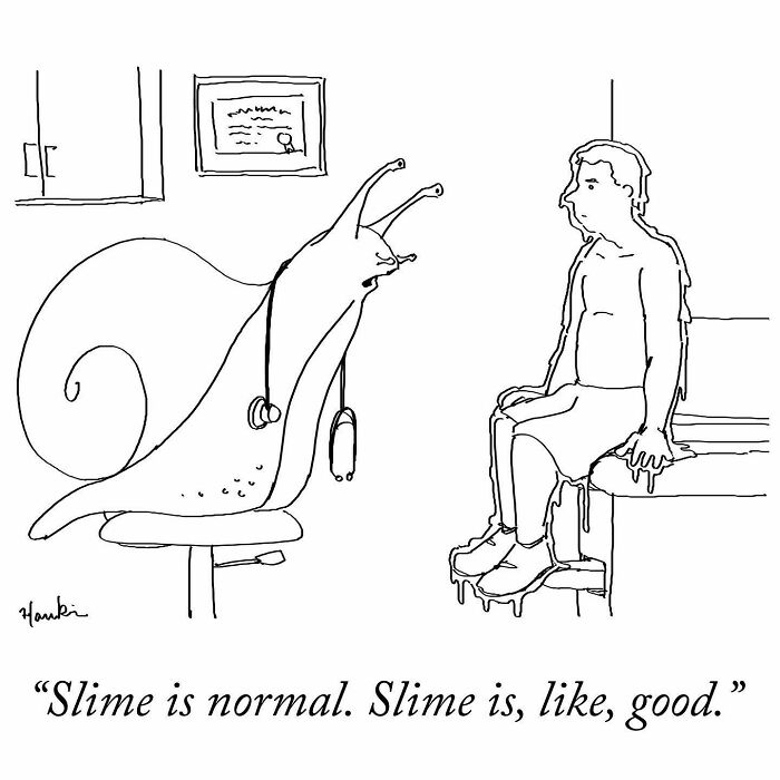 Single frame funny story illustration showing a snail doctor explaining slime is normal to a melting patient.