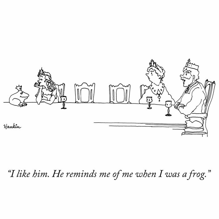 Simple black and white cartoon showing a queen talking to a frog, illustrating funny stories with a single frame and sentence.