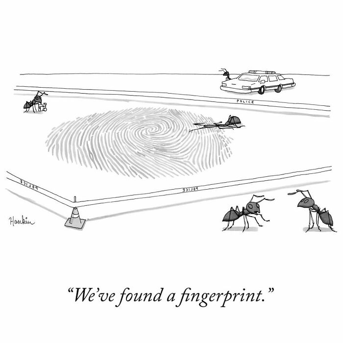 Black and white cartoon showing ants investigating a giant fingerprint crime scene in a single frame funny story.