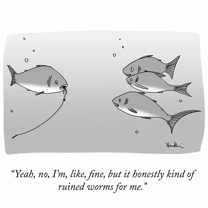 Cartoon artist sharing funny stories in a single frame with one sentence showing fish and a worm underwater.