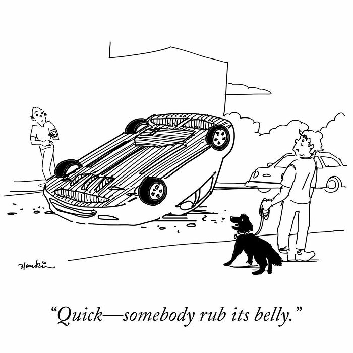 Black and white cartoon with an upside-down car and a dog, illustrating one of the funniest stories by the artist in a single frame.