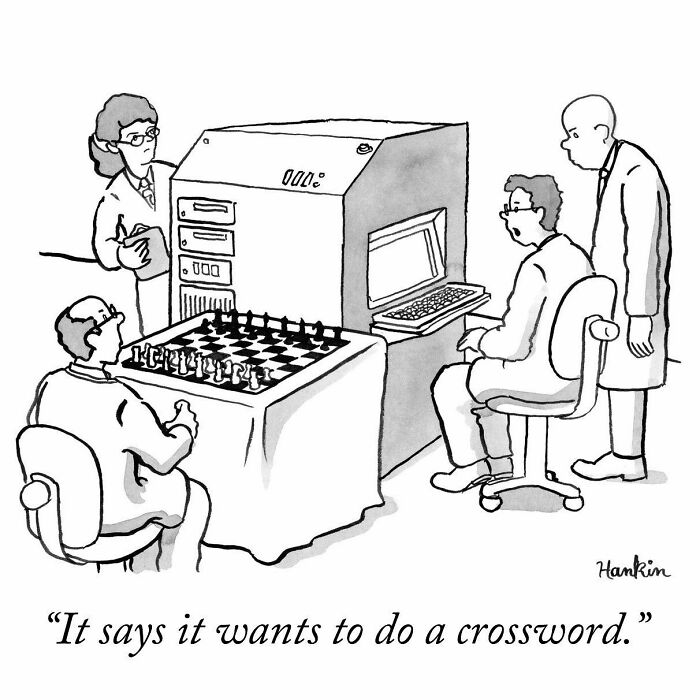 Black and white cartoon showing scientists with a computer and chessboard, illustrating funny stories told by the artist in one frame.