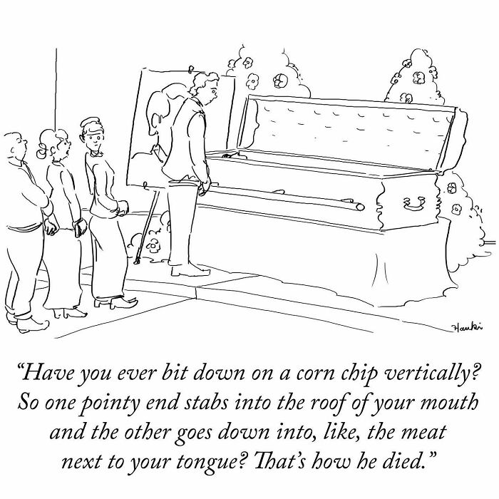 Single frame cartoon artist tells funniest stories with one sentence, showing a humorous illustration about a fatal corn chip bite.